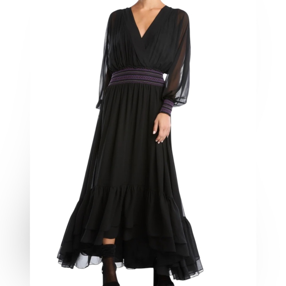 Anthropologie Maxi Dress Long Sleeve Smocked Waist Ruffled Black XS NWT - Picture 3 of 14